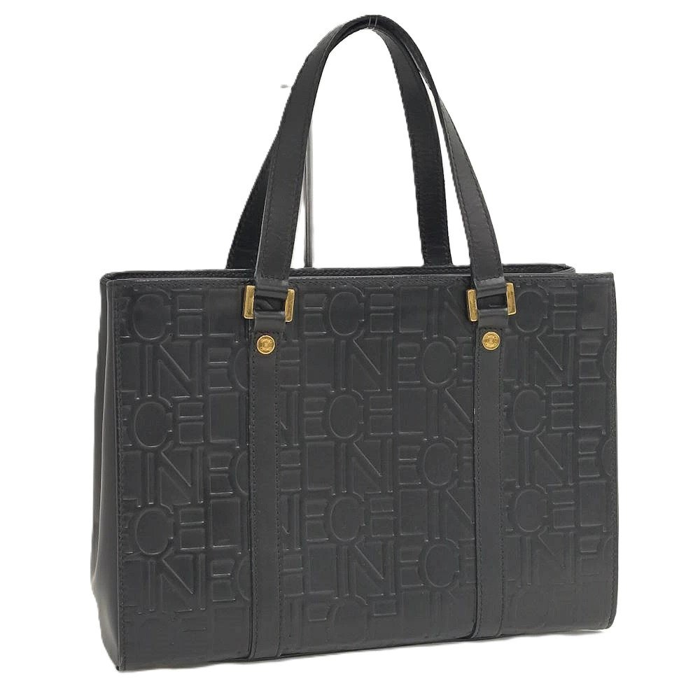 Celine tote bag black leather body subtly embossed logo pattern